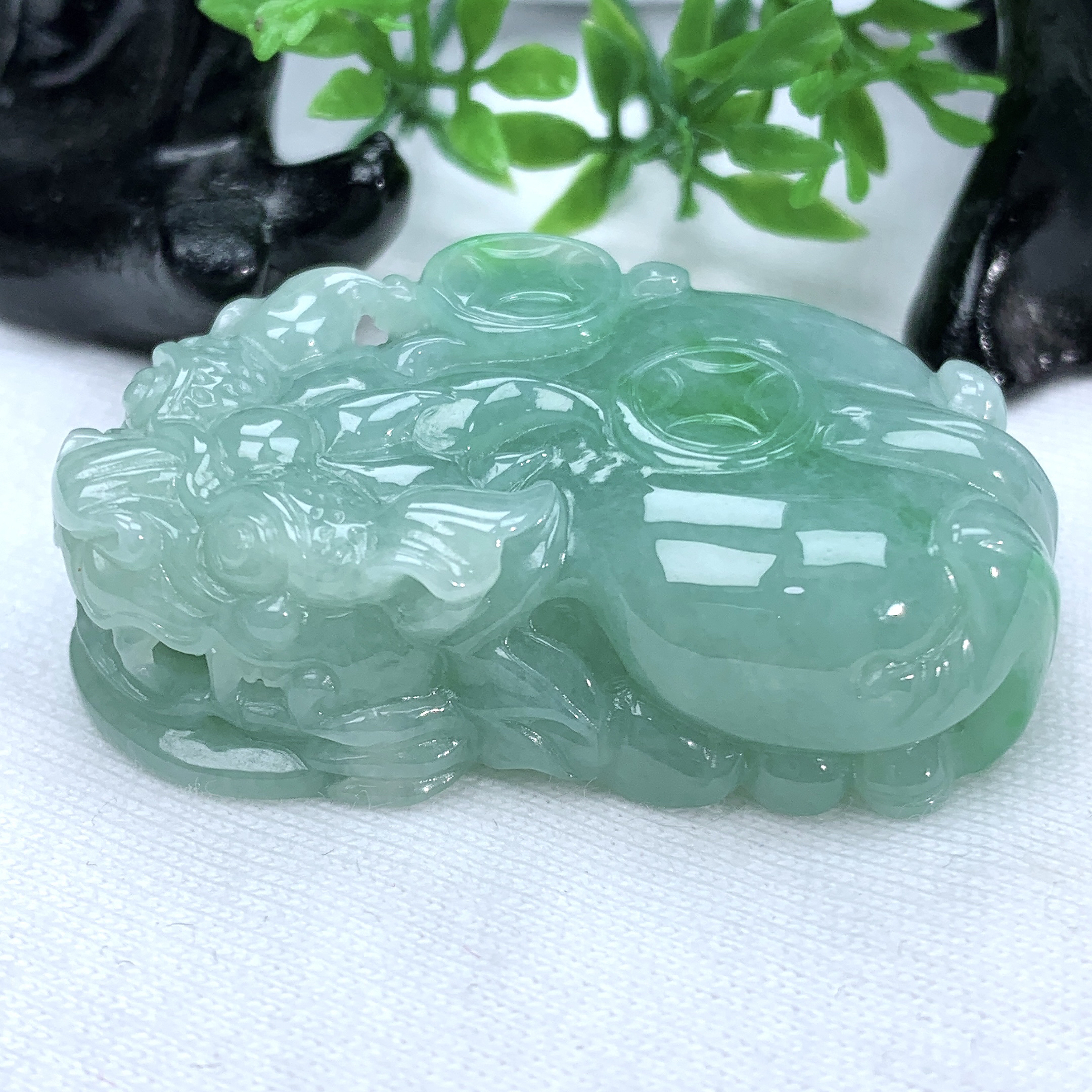 天然缅甸翡翠A货满绿阴阳脚口含珠金钱貔貅吊坠43.7−26.4−12.4mm
