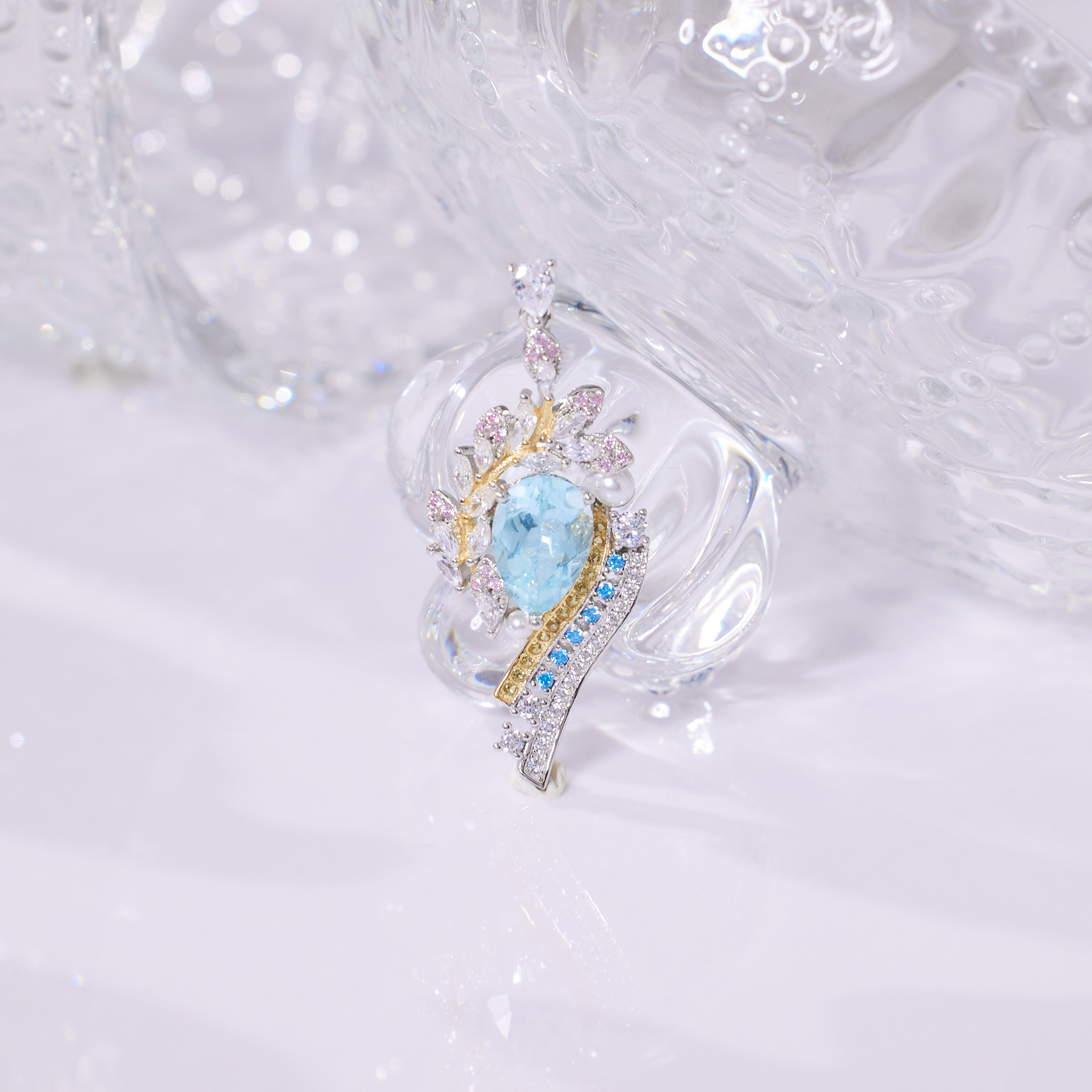 玉峰珠宝丨簪花*海蓝宝吊坠*S925镶嵌E7626