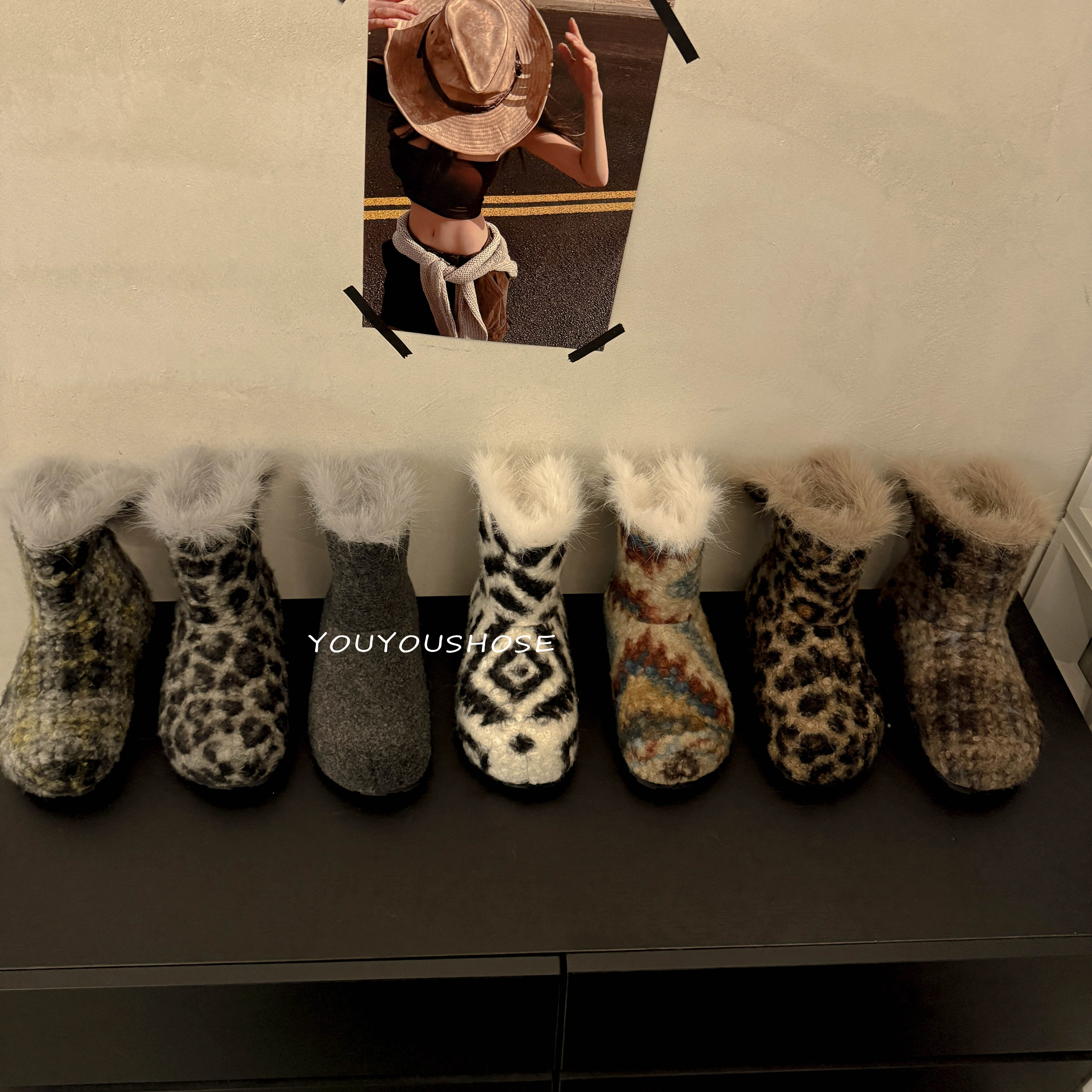 欧版2025年冬季新款时尚豹纹毛毛雪地靴女加绒保暖平底毛毛靴子潮