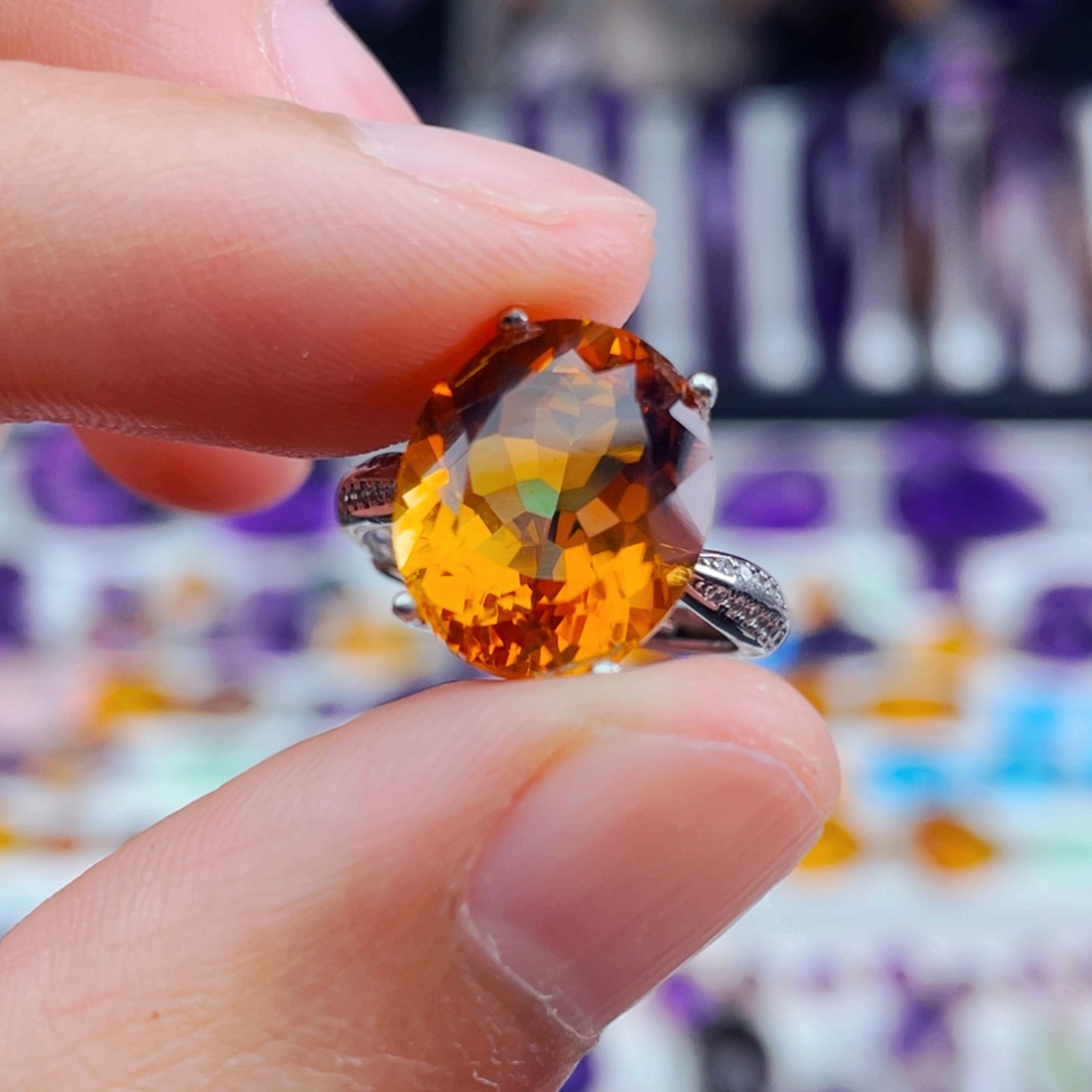 工厂精品定制天然黄水晶戒指银S925镶嵌水晶