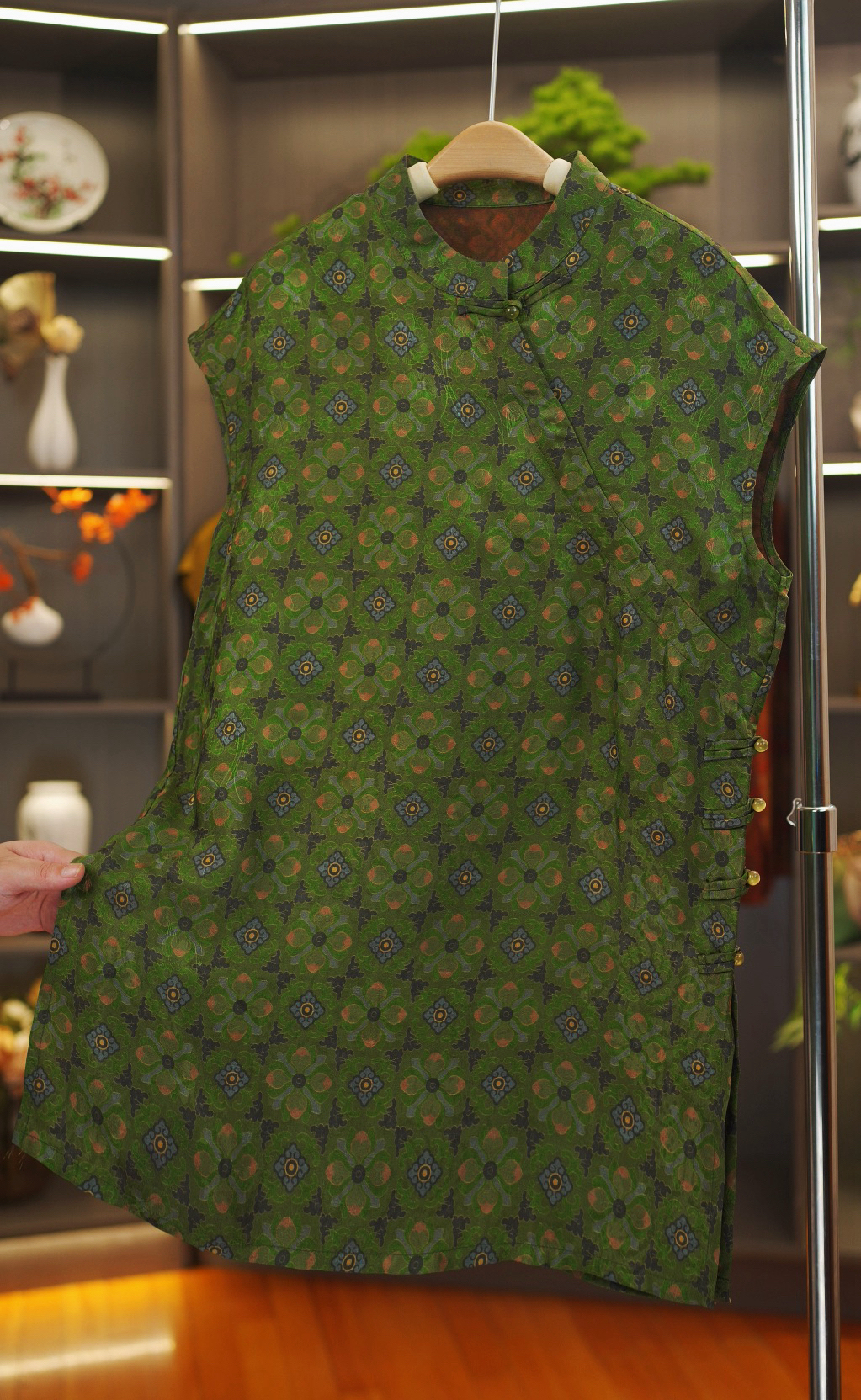 【绿染-奥黛】中式中长款桑蚕花箩盘扣中长款盘扣奥黛上衣