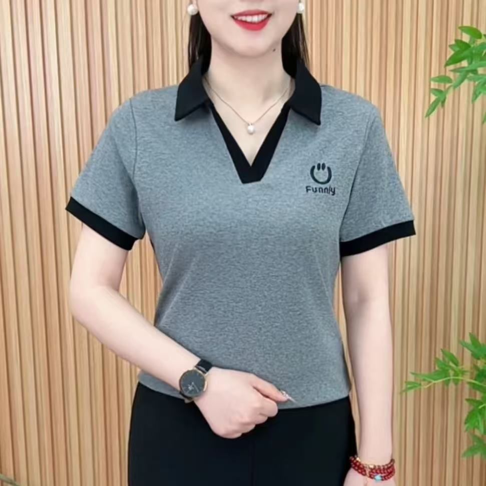 夏季新款撞色刺绣翻领短袖T恤女士宽松显瘦百搭小衫减龄休闲上衣