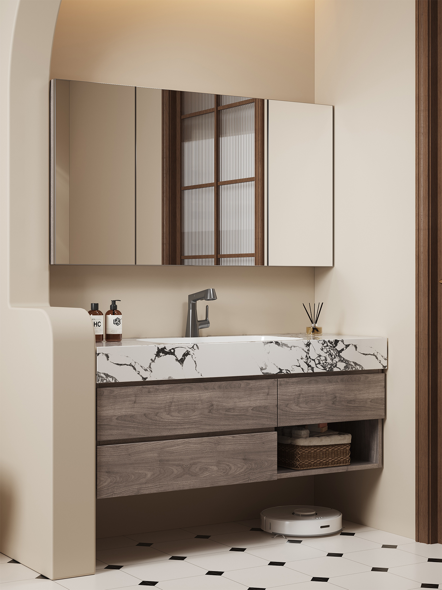 中古风原木风岩板热弯一体盆浴室柜组合卫生间洗手洗脸洗漱台定制