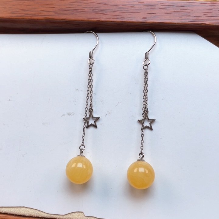 蜜蜡裸石银S925镶嵌蜜蜡10➕珠子耳环