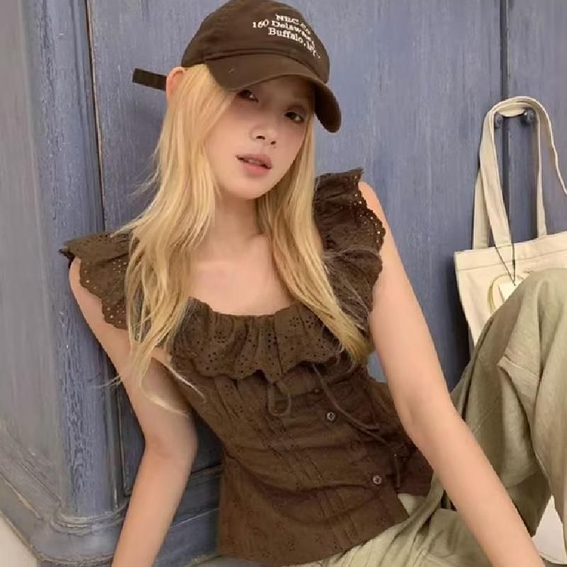 蕾丝花边小飞袖衬衫女夏季修身短款无袖衬衣吊带背心上衣