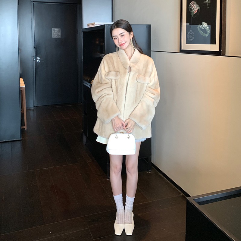 淇淇家进口天鹅绒气质立领时尚显瘦束腰工装女款水貂皮草貂皮大衣