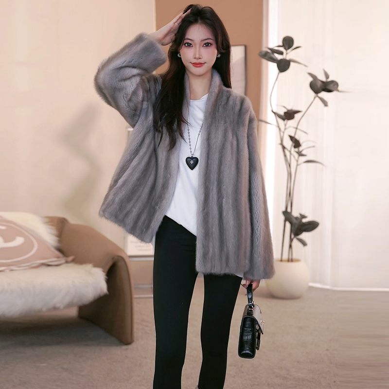 进口北美原生貂全抽刀短款V领貂皮大衣女母貂皮草外套显瘦休闲款