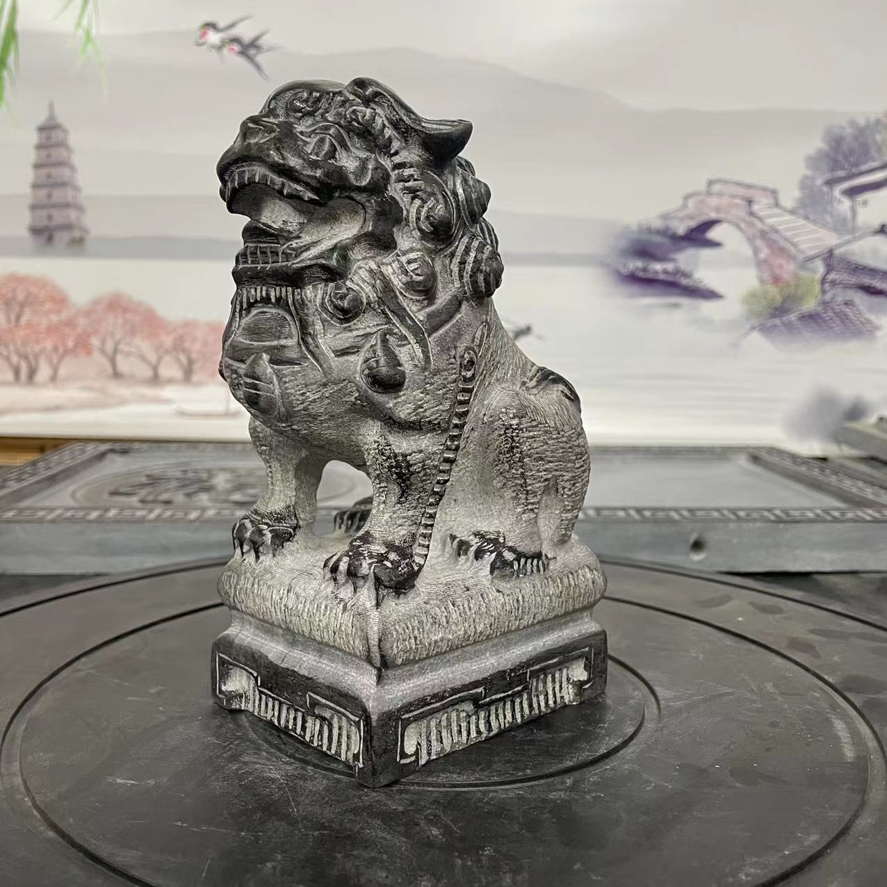 聚鹏阁山西青石【高17厘米】左右中堂狮桌面摆件