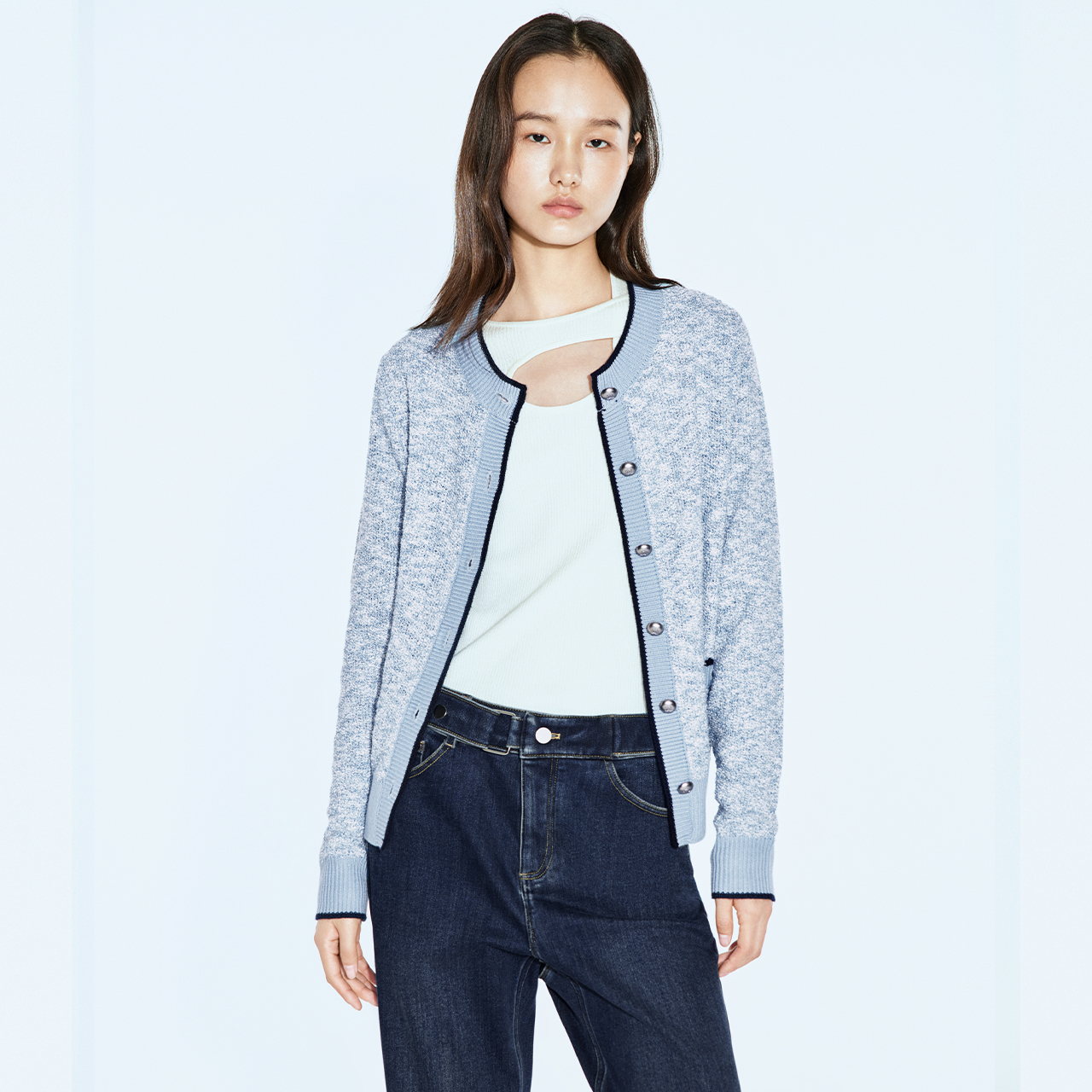 COVERINS2025春季圆领花纱小香风针织开衫CC35106700