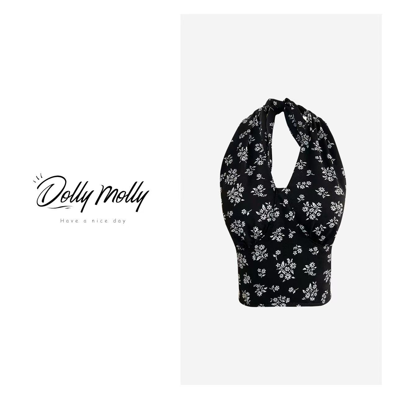 DOLLY&MOLLY黑色欧美风小花束挂脖背心吊带夏季气质复古设计感254