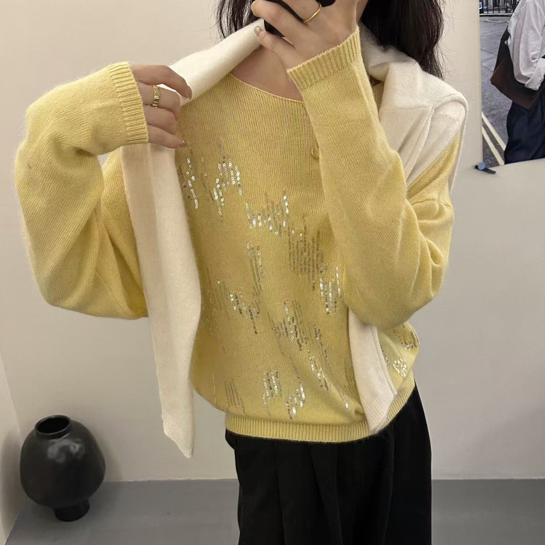 亮片常规网红薄款绣花一字领宽松型百搭长袖打底外穿女款毛衣