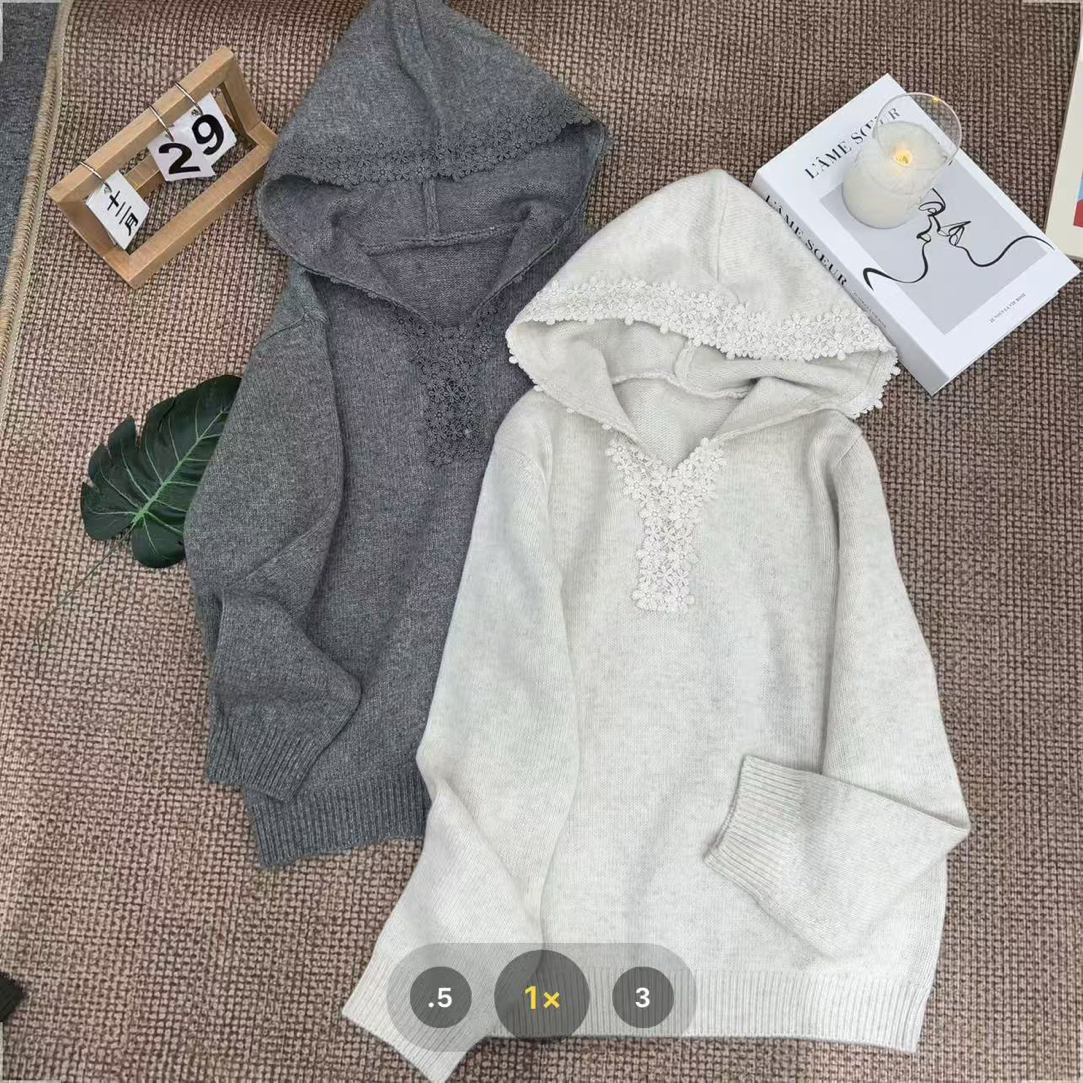 【七安倩】连帽蕾丝边针织衫