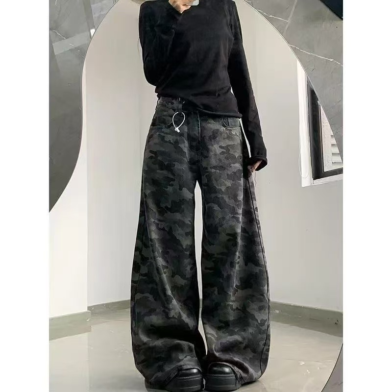 美式复古迷彩裤阔腿牛仔裤女2025春夏新款街头时尚宽松拖地裤子潮