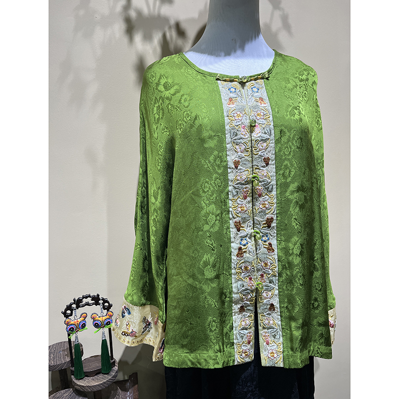 刺绣国风新中式常规款长袖汉服上衣复古圆领设计师款绿色外套女装
