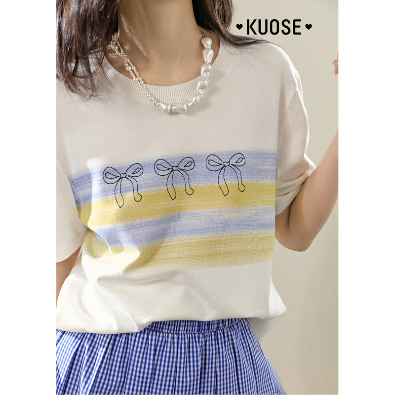 阔色蝴蝶结印花条纹晕染针织衫25夏新正肩短袖T恤上衣KSA2503013