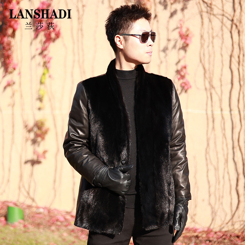 新款道袍领水貂皮男装中长整貂海宁赫本小山羊皮冬季鹅绒服外套