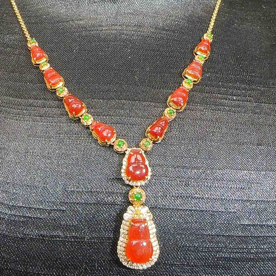 翡翠颈饰18K金镶嵌红翡葫芦套链