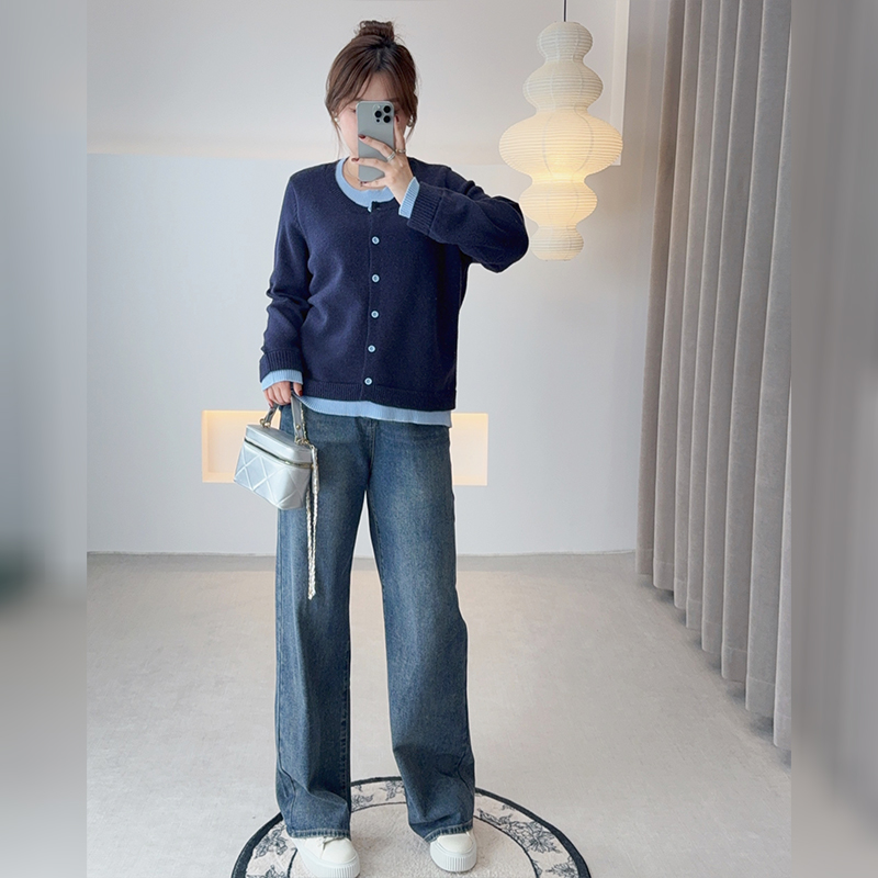 【霏霏专属】2025冬季新款大码200斤胖妹妹撞色圆领假两件毛衣-F630