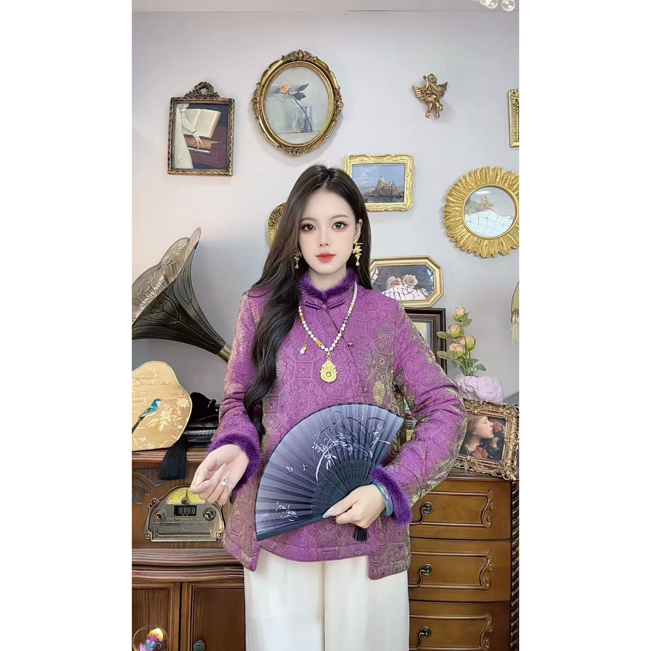 【802】秋冬新中式国风立领斜襟盘扣拼接毛边外套显瘦气质百搭上衣