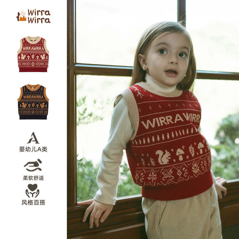 WirraWirra北欧风冬款复古提花针织背心男女宝宝马甲保暖无袖上衣