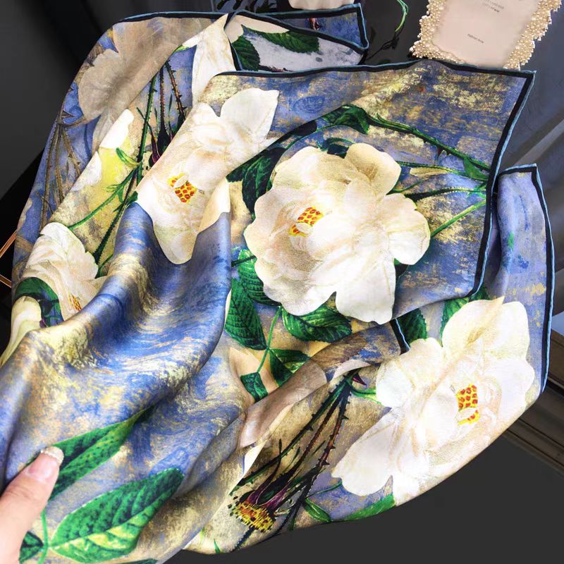 XY【浪漫山茶】 香云纱140*140秋冬保暖优雅百搭丝巾围巾