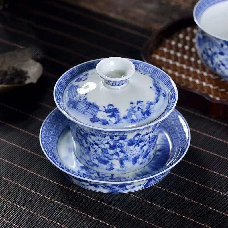 青花瓷百子图马蹄型三才盖碗+两杯