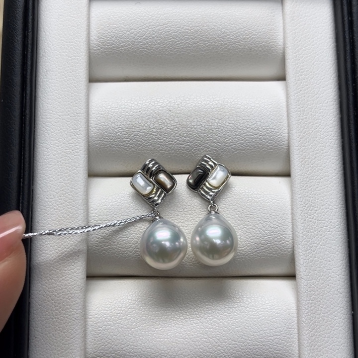 海水珍珠耳饰银S925镶嵌澳白9-10mm116号