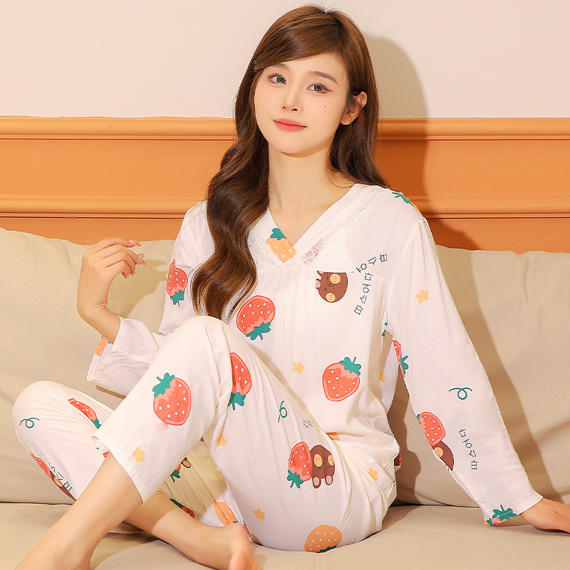 春秋夏季女士棉绸睡衣长袖薄款两件套装加大码可外穿家居服人造棉