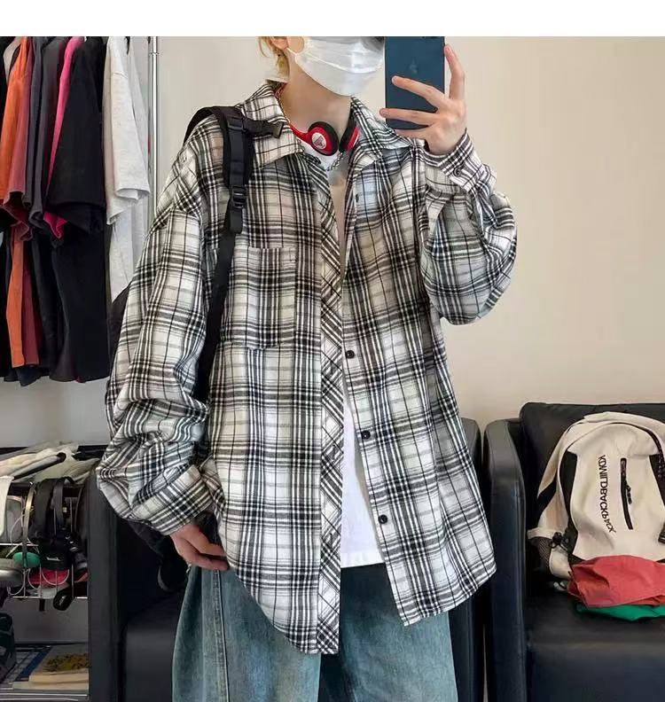 情侣磨毛棉街头宽松格纹衬衫男休闲衬衣女潮牌复古日系格子长袖