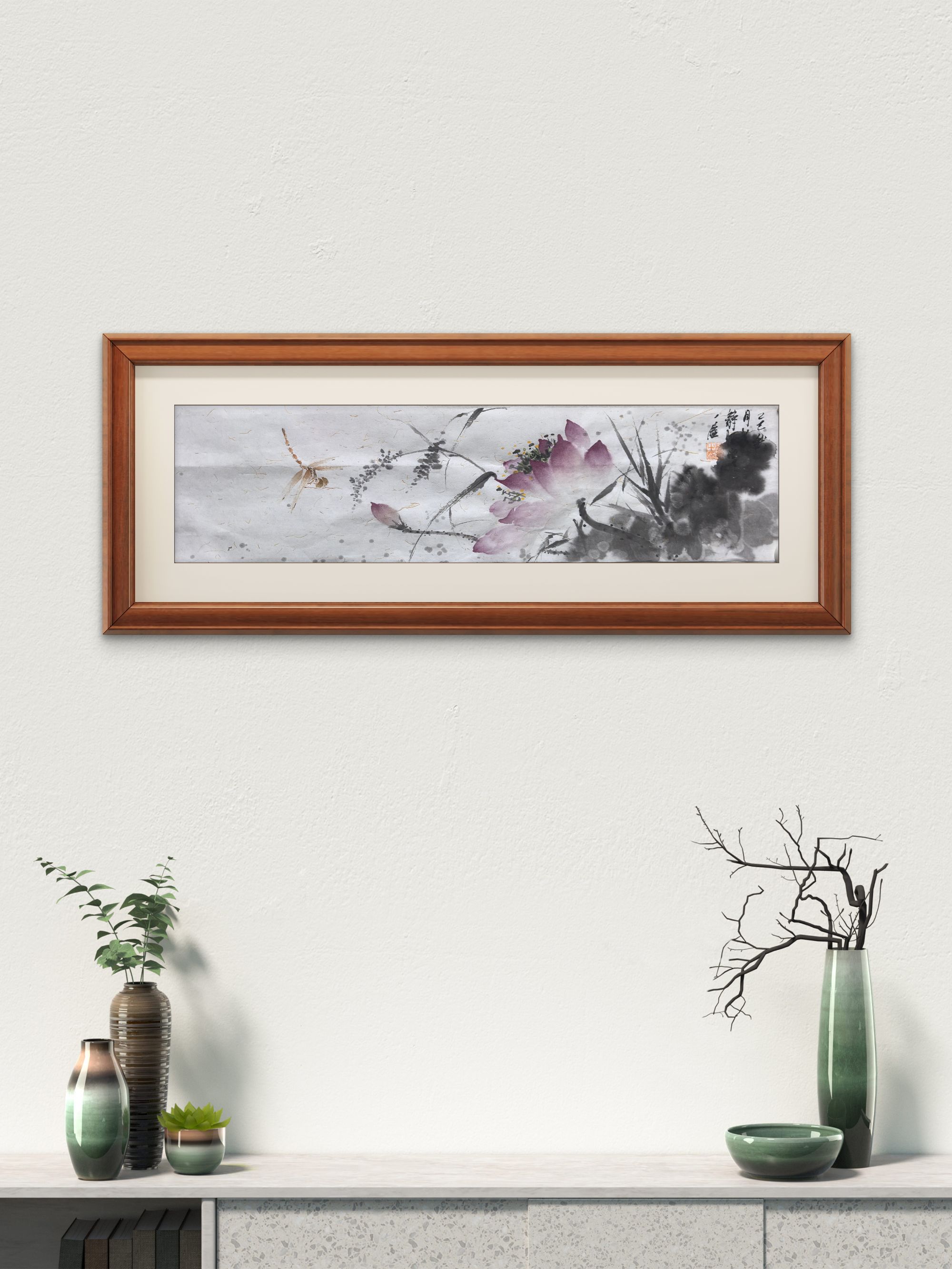 荷花国画和气满堂客厅书房办公室挂画10cm*43cm