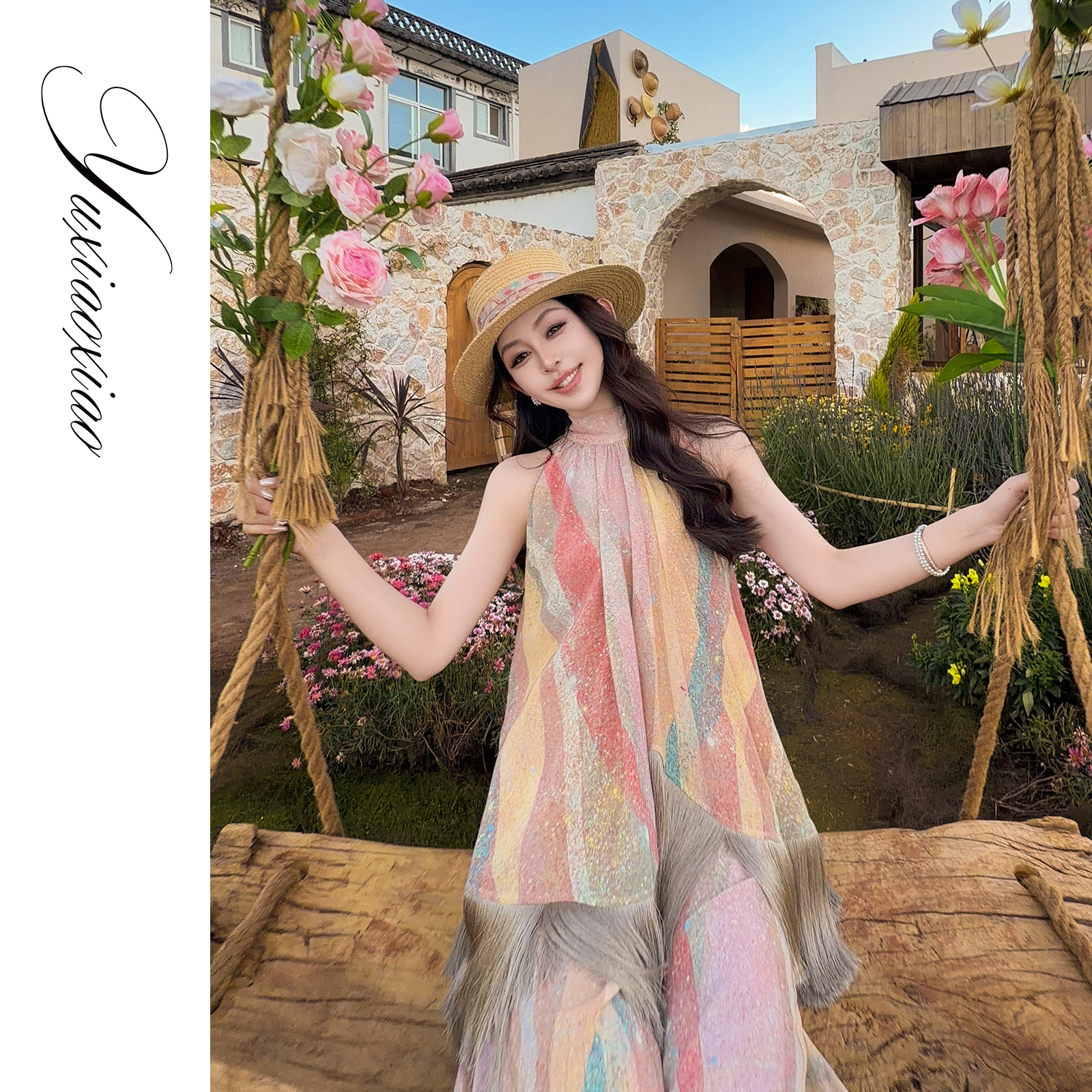 余潇潇【琉璃风华】100桑蚕丝朦胧美感晕染鎏金印花上衣&休闲裤套装