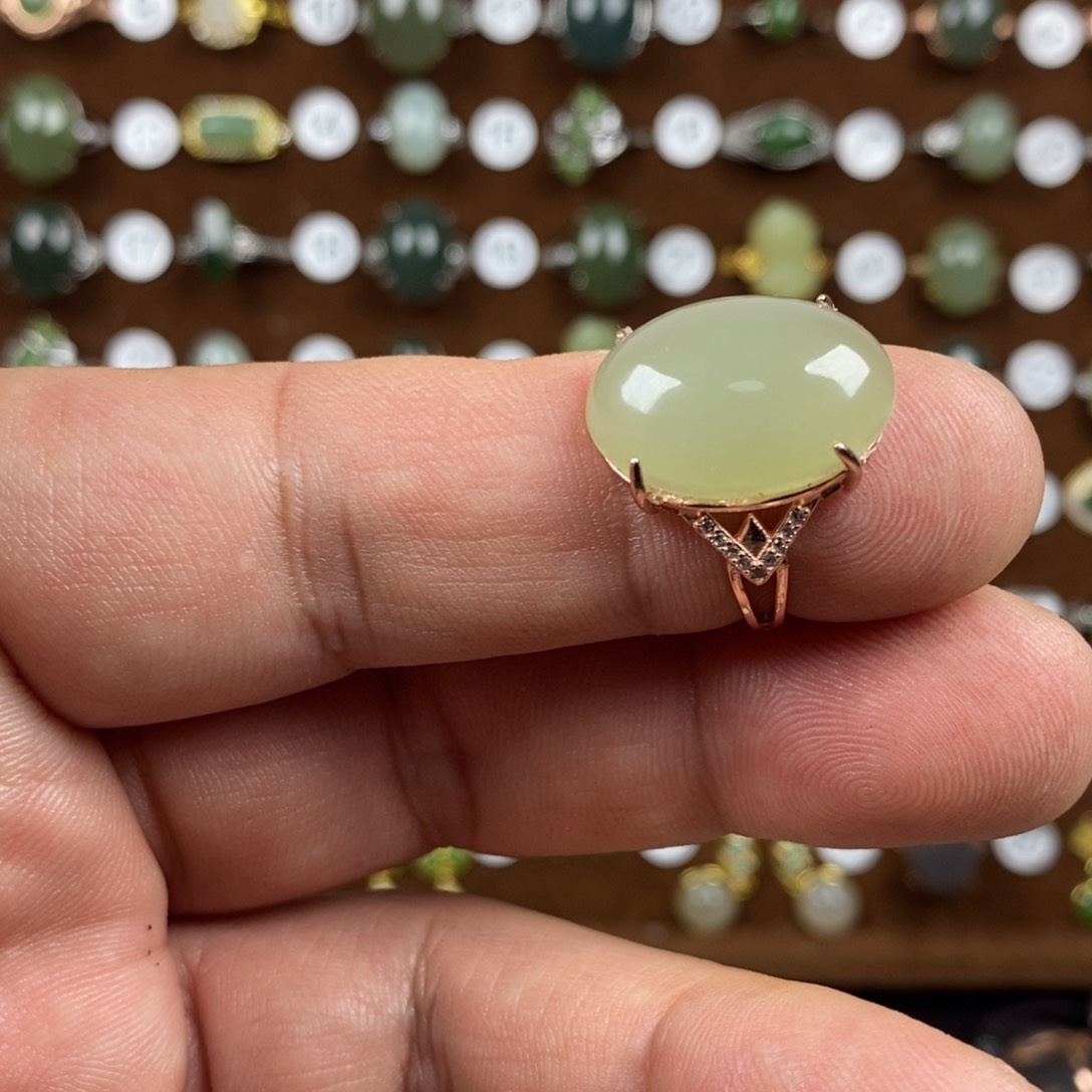 和田玉（青白玉）戒指银S925镀金镶嵌