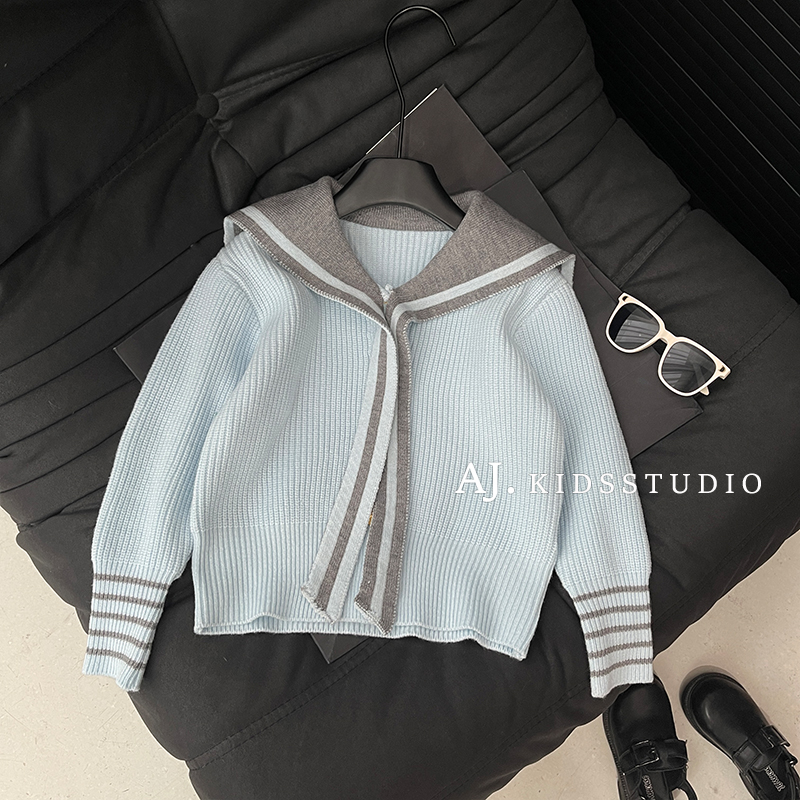 阿卷2025春装儿童韩版时尚学院风撞色海军领披肩针织毛衣HCXZ4015