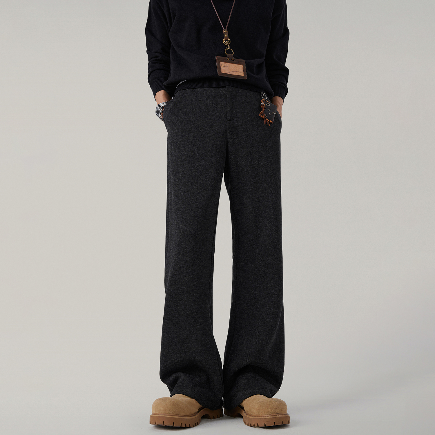 秋冬季美式复古保暖绵羊毛微喇休闲裤男款直筒宽松通勤显瘦长裤子