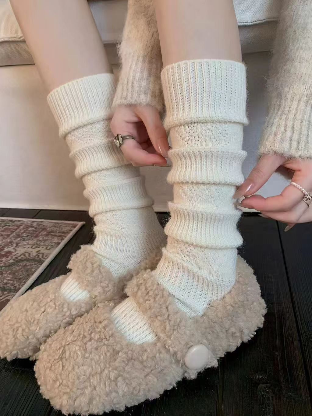 JIOJIO秋冬新款百搭菱形格复古民族风加厚保暖小腿堆堆袜