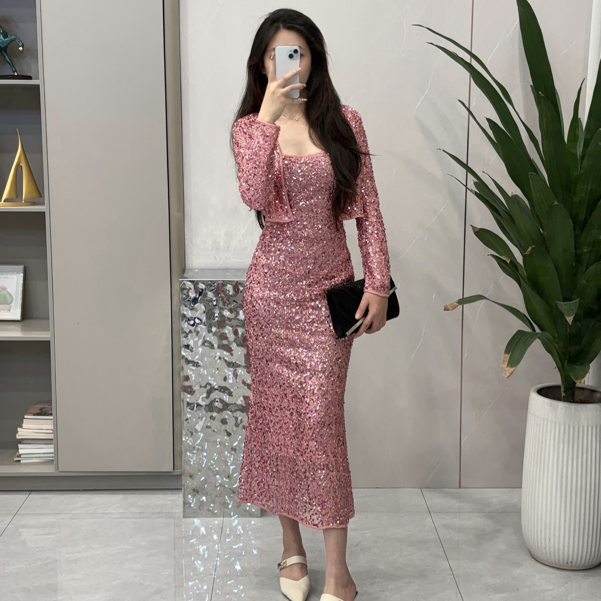 25330洋气时尚秋冬长袖珠片名媛设计师宴会小众轻奢气质