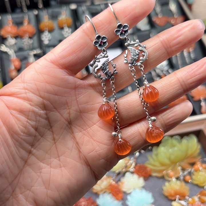 蛇纹石玉耳饰银S925镶嵌璐