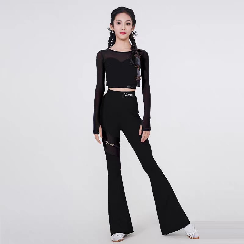 新款女童拉丁舞服网纱上衣喇叭裤子练功服分体套装