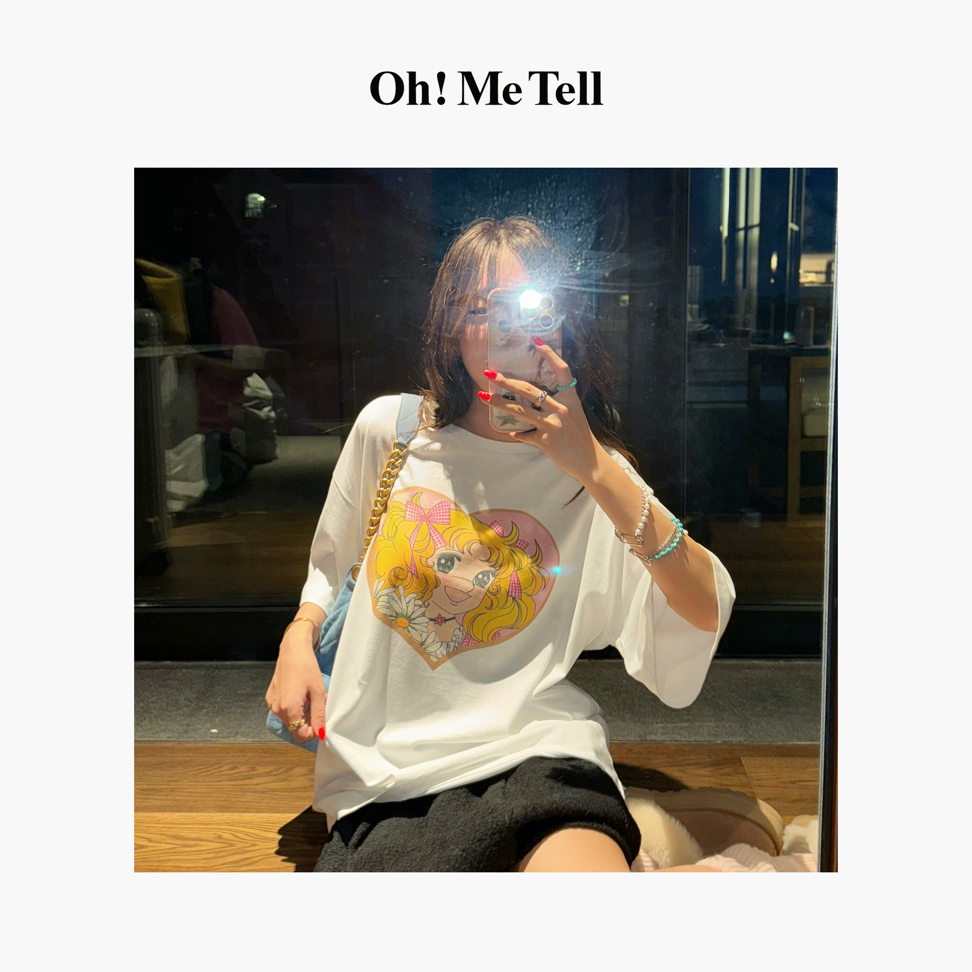 Oh！Me Tell【爱心美少女】卡通漫画印花百搭休闲宽松圆领短袖T恤女 