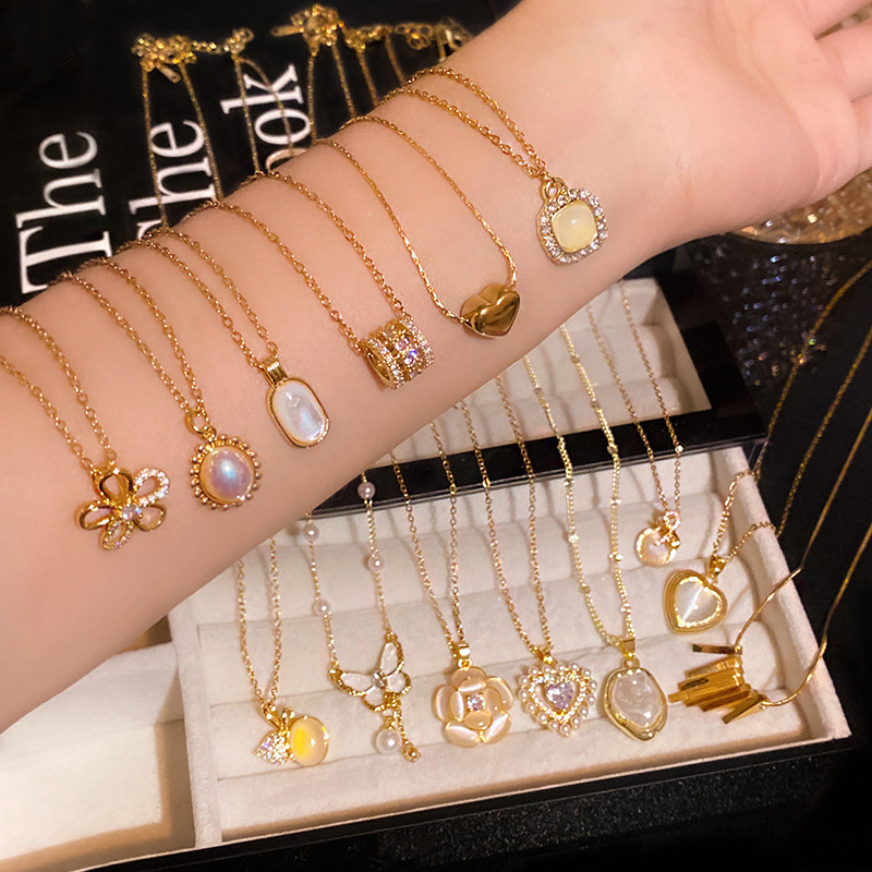 钛钢锆石吊坠 轻奢小众钛钢项链女高级感气质锆石珍珠吊坠毛衣链