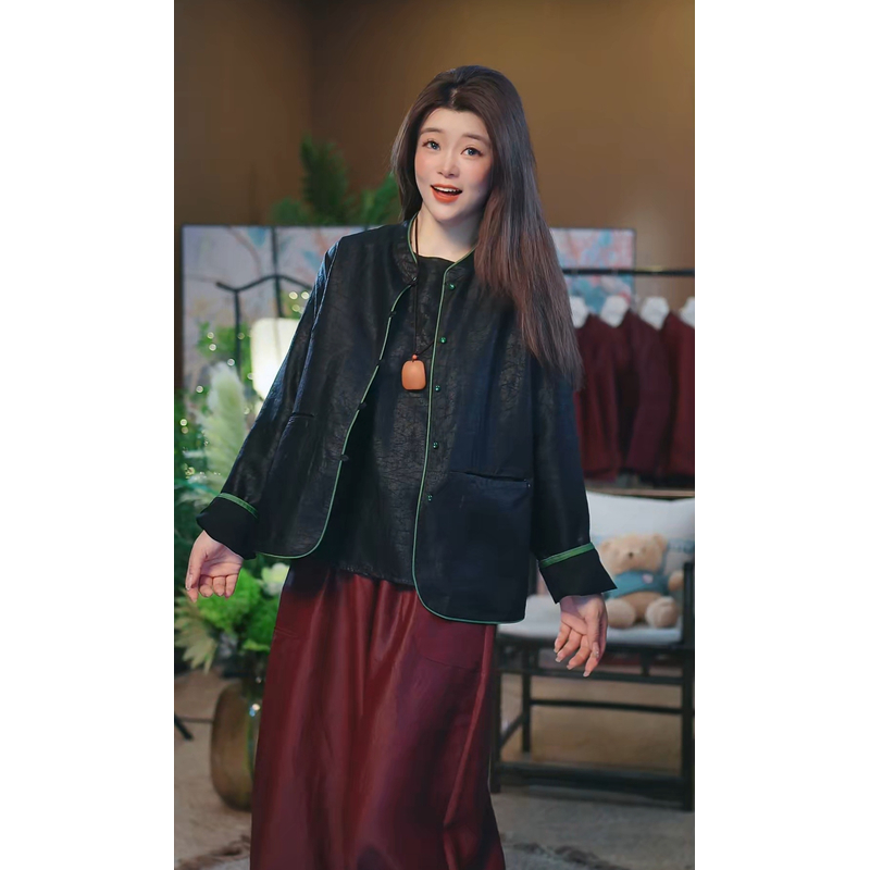 杯子家《新中式黑油龟加芽外套》桑蚕丝香云纱黑龟正肩气质外套