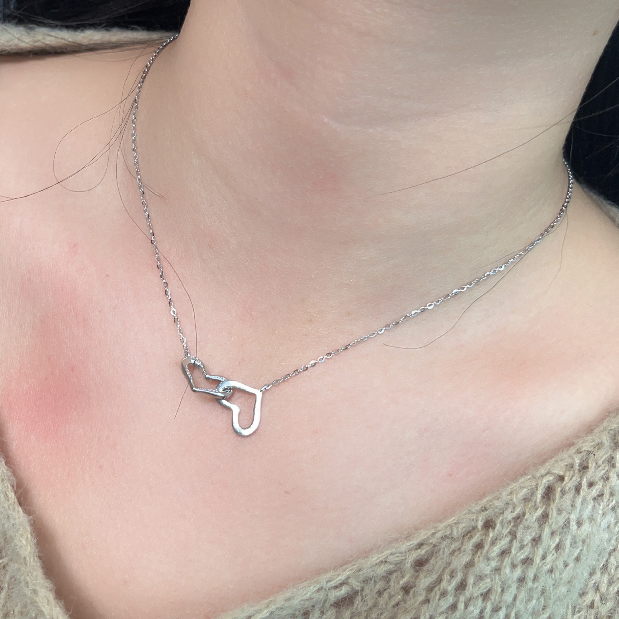 坠链均925银锆石 【心心相扣】微镶双爱心环扣925银套链