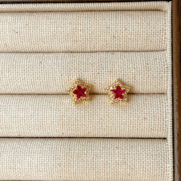 左夕P2094【2个金底红刚锆石星星纽扣】高保色铜镀银DIY配件