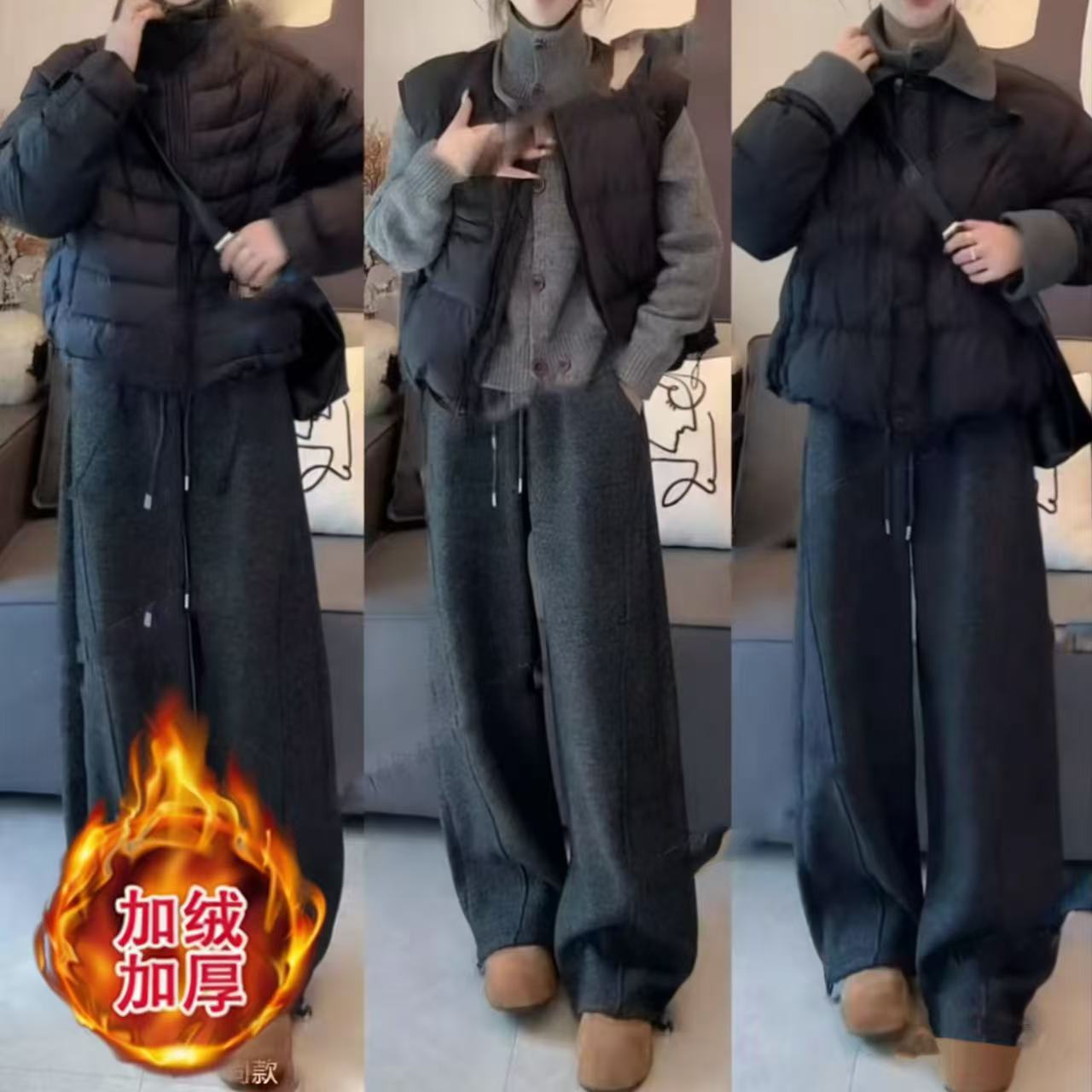 毛呢冬新款韩版加厚阔腿裤女高腰宽松垂感显瘦保暖弯刀裤XXJ