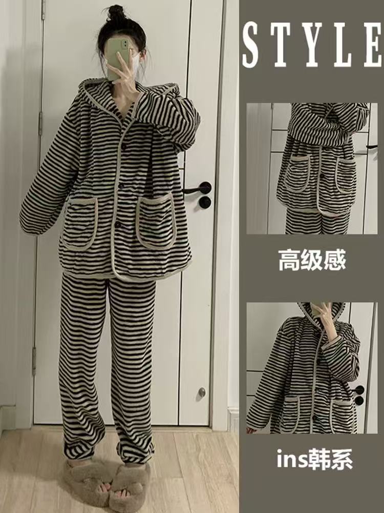 （睡衣）韩版家居服套装保暖上衣家居服冬季条纹连帽休闲睡衣