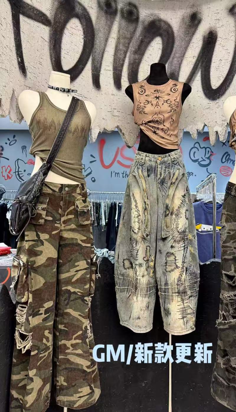 2025夏季新款美式复古乱针刺绣拖地气球裤