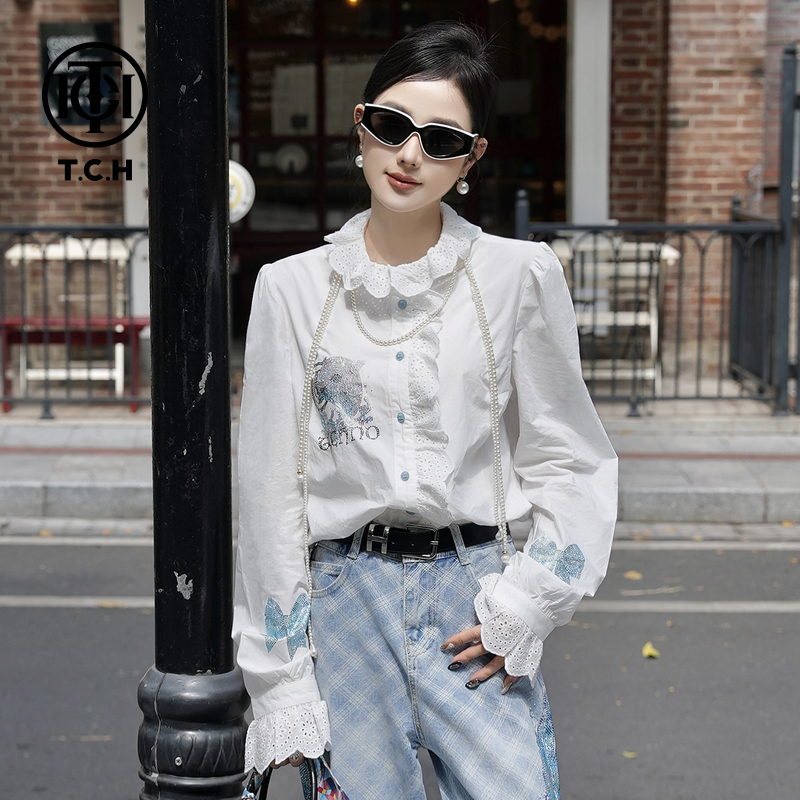 TCH现货烫钻小海豚时尚花苞领白色衬衫女T75A13E5008轻奢tch