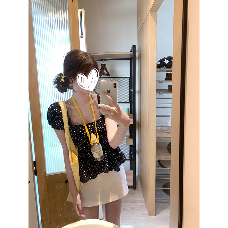 设计感露波点方领露背上衣女2025春季新款设计感半身裙短裙两件套