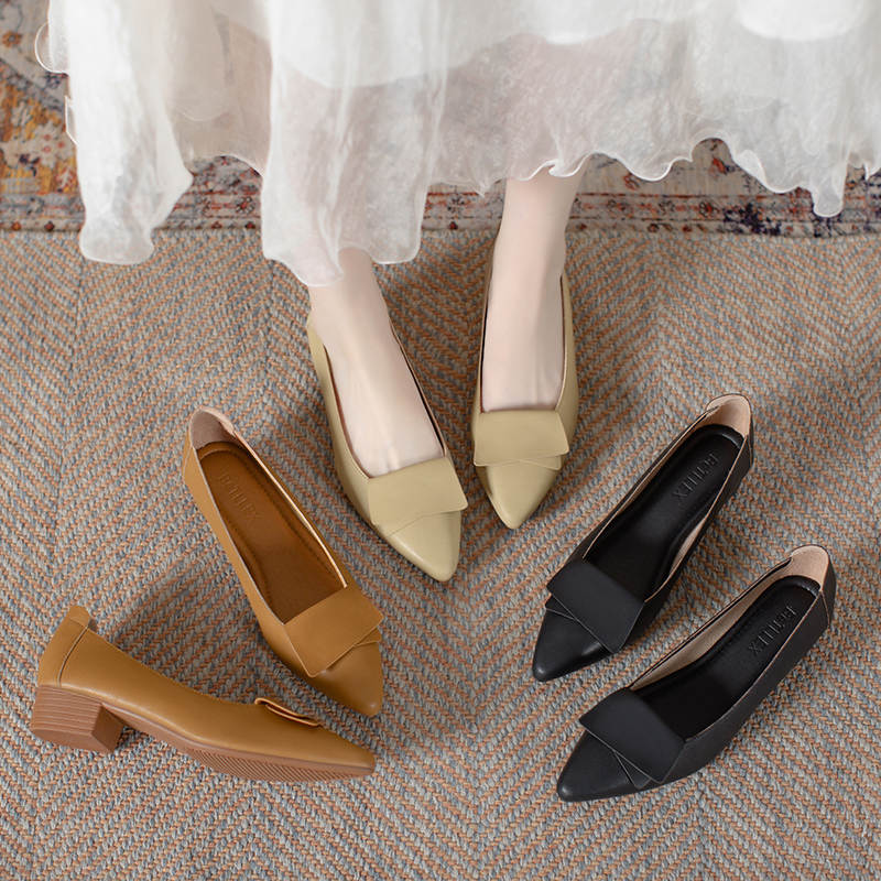 真皮中跟单鞋女浅口2025春秋新款时尚百搭奶奶鞋气质软底粗跟女鞋