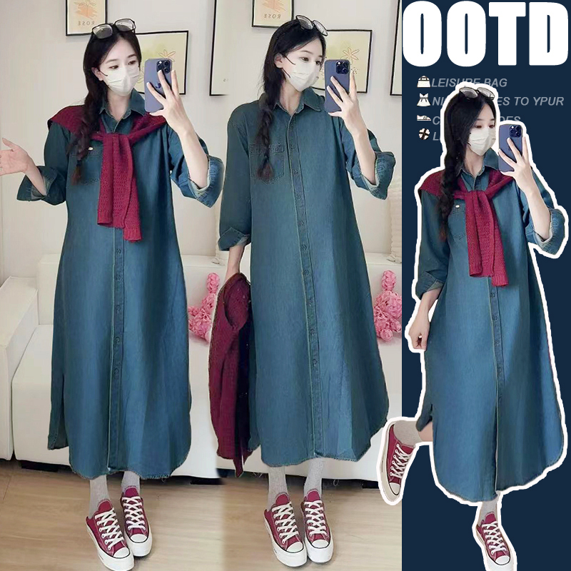 YOMI~2025新款大码重工洗水软牛仔衬衣连衣裙+编织毛线披肩